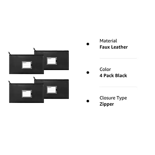 Sinzip 4 Pack Bank Deposit Money Bag, Heavy Duty Leatherette Security Zipper Wallet With Clear Window, Coin Bag, Cash Bag, Tool Pouch, Assorted Colors (4 Pack Black) #TOP5
