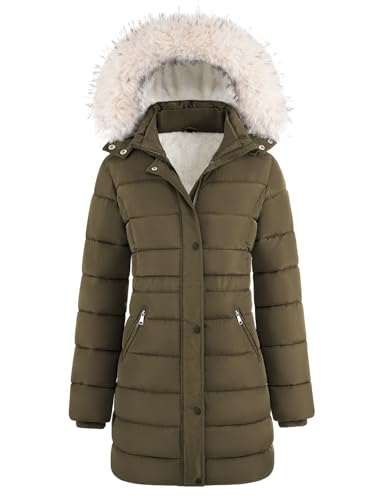 Yuson Girl Abrigos de Mujer para Invierno Chaqueta Largo Cálida Cremallera Acolchada Parka con Capucha Prueba de Viento Jacket Elegante Casual Chaquetón Exteriores con Bolsillo(Verde militar, XXL)
