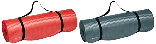 Image of amazon basics Nitrile Butadiene Rubber 13mm Extra Thick Yoga | Exercise Mat with Carrying Strap | Red & Teal Green Combo