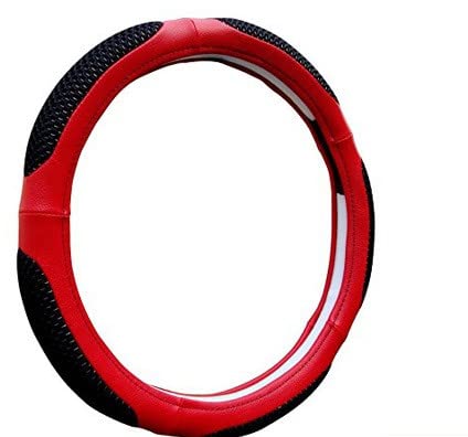 Image of Microfiber Car Steering Wheel Cover, Soft Padding Great Hand Feel, Anti-Slip, Faux Leather Steering Cover for Datsun Go | Black Red Jali - Pack of 1