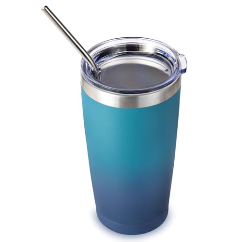 Volhoply Vaso de acero inoxidable de 20 onzas con tapa y popote, taza de café helado de viaje con aislamiento de doble pared para portavasos, tazas con recubrimiento en polvo para bebidas calientes y