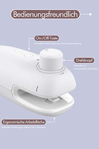 Foto von Folienschweißgerät Mini inkl. Cutter für Plastiktüten, 2 in 1, Versiegelungsmaschine, Vakuumiergerät tragbar, Verschlussgerät, Handlicher Tüten Verschweißer, Bag Sealer (inkl. Batterie) (Weiß)