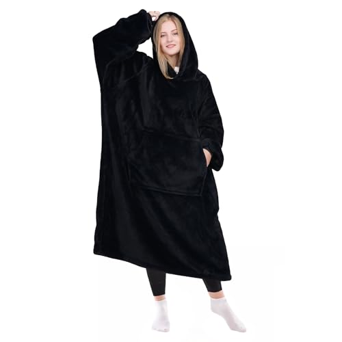KPBLIS Wearable Blanket Hoodie Gifts for Women and Men, Oversized Wearable Hoody Blanket Sweatshirt, Warm Cozy Giant Fleece Blanket with Sleeves and Pocket for Adults, Black