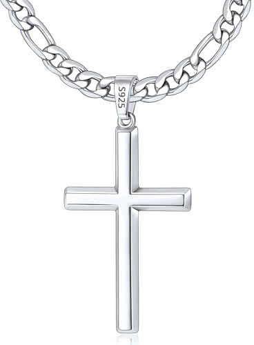 Eterjew S925 Sterling Silver Cross Necklace for Men, Men's Sterling Silver Cross with 5mm Stainless Steel Figaro Chain Necklace for Men Women, Mens Necklaces 16 inches
