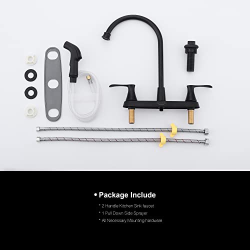 Kirlystone Matte Black Kitchen Faucet With Pull-Out Side Sprayer, High Arc Black 2-Handle Centerset Kitchen Sink Faucet With Supply Lines For 4-Hole Installation #TOP5