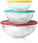 Ensemble de 3 bols à mélanger en verre sculptés (1,1 QT, 2,1 QT, 3,7 QT) – bols en verre borosilicate avec couvercles hermétiques sans BPA, bols emboîtables pour la cuisson et la préparation des aliments, compatibles four, congélateur et micro-ondes