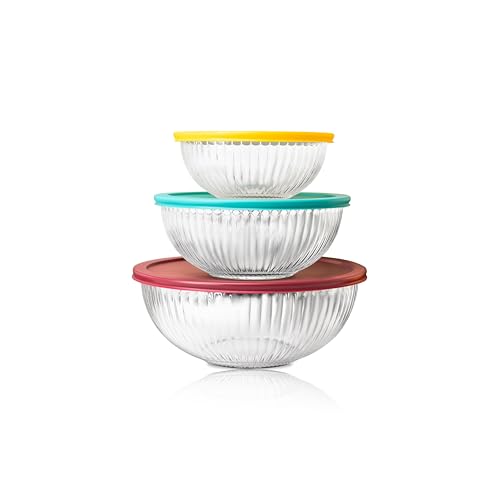 CEYWA Sculpted 3 Pack Glass Mixing Bowls (1.1 QT, 2.1 QT, 3.7 QT) – Borosilicate Glass Bowls with Airtight BPA-Free Lids, Nesting Bowls for Baking and Prepping Food, Oven, Freezer & Microwave Safe