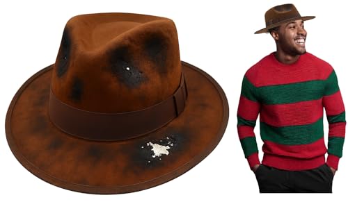 Nicky Bigs Novelties Adult Tattered Burned Brown Fedora Hat - Brown Zombie Scary Nightmare Creeper Hats - Horror Movie Killer Cosplay Halloween Costume Accessory, Adjustable Size