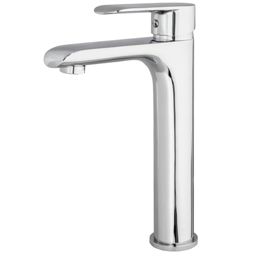 VALAZ Rubinetto Bagno Lavabo Alto Cromato | Miscelatore Lavabo Bagno Acqua Fredda e Calda, Risparmio Acqua | Installazione Facile | Ottone, Inossidabile, Elegante, Rotondo, Serie Turia