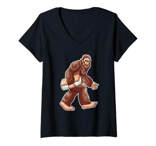 Mujer Funny Bigfoot Caminando con Sushi amante de la comida japonesa Camiseta Cuello V