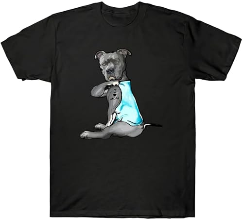 XIASHUN Funny Dog Pitbull I Love Mom Tattoo Gift Graphic Cotton Tee Unisex 100% Cotton Short-Sleeve T-Shirts Black XL
