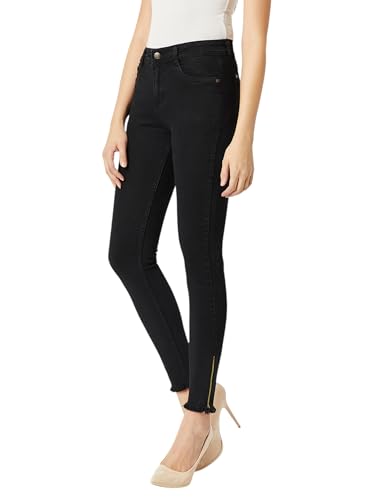 Jean slim extensible taille haute pour femme avec bords bruts