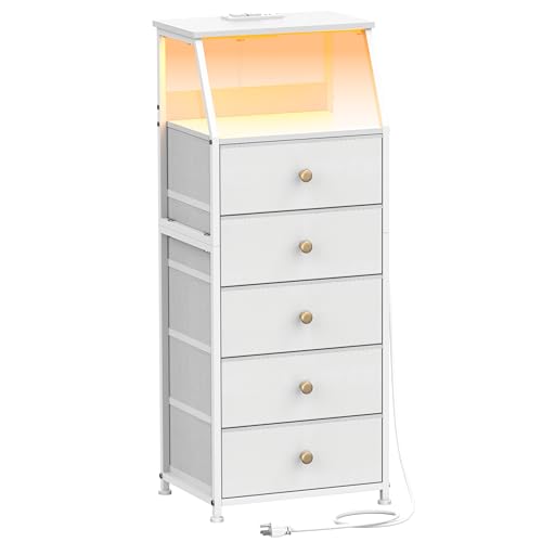 Tohomeor Dresser with Fabric Drawers Nightstand with 2 Tier Shelf Storage Tower for Bedroom Hallway Entryway Closet Organizer Sofa Beside Table Furniture (White, 5 Drawers)