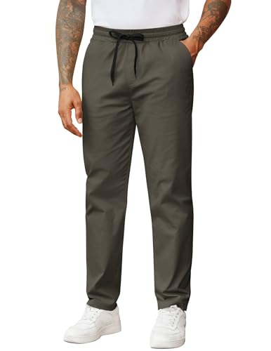 COOFANDY Men's Cotton Pants Drawstring Adjustable Waistband Casual Twill Trousers Straight Leg Chino Slacks with Pockets Dark Army Green