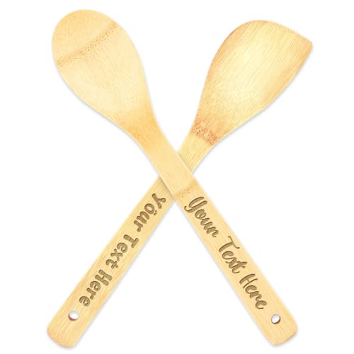 Kochlöffel Personalisiert,Personalisiertes Bambuslöffel-Set, anpassbarer Text,30 cm,Bambus-Rühr,Back-und Kochutensilien,personalisiertes Geschenk mit individuellem Text (Runder Löffel + Schaufel)