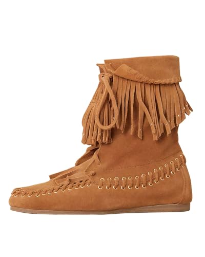 KOKOMOMO Women Flat Fringe Ankle Boots Fold Over Vintage Suede Leather Woven Western Cowboy Boots Comfort Round Toe Lace Up Foldover Short Boot with Tassel