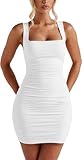 ELFIN Damen Bodycon Kleid Ärmellos Sommer Sexy Minikleid Quadratischer Hals Rüschen Partykleid Bleistiftkleid Mini Tube Cocktail Party Club Kleid (S, Weiß)