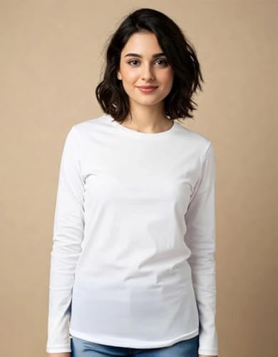 Image of JUNEBERRY Pure Cotton Round Neck Regular Fit Core Fashion Solid Full Sleeve T-Shirt for Women & Girls (Colors: Black, Cork, Green, Navy, Swanwhite & White)