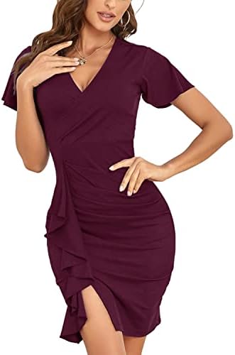 Sexyasasii Women's Deep V Neck Short Sleeve Vintage Cocktail Party Pencil Slit Formal Dress(Wine,M)
