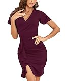 Sexyasasii Women's Deep V Neck Short Sleeve Vintage Cocktail Party Pencil Slit Formal Dress(Wine,M)