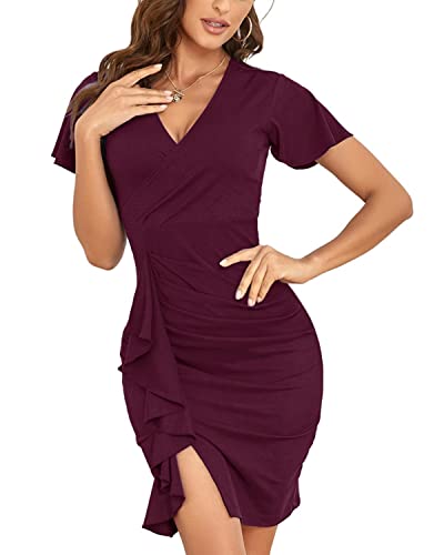 Sexyasasii Women's Deep V Neck Short Sleeve Vintage Cocktail Party Pencil Slit Formal Dress(Wine,M) #TOP25