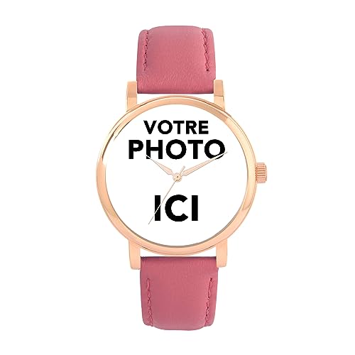 Toff London Cadeaux Photo personnalisés pour Femmes, Montre à Quartz Japonais avec Affichage analogique et Bracelet en Cuir Rose, Montre gravée sur Mesure