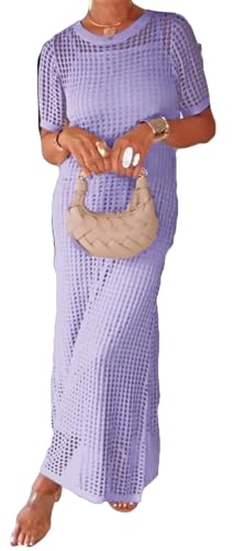 Qikaka Women's 2 PCS O Neck Short Sleeve Fishnet Bodycon Sexy Nightclub Party Plus Size Dress Set