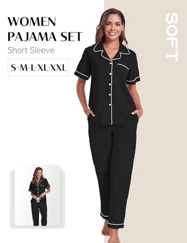 Image of COLORFULLEAF Women's 100% Cotton Pajamas Set Button Down Sleepwear Short Sleeve Shirt and Long Pants Soft Ladies Lounge Sets