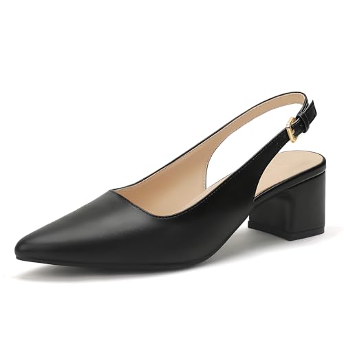 IDIFU Black Pumps Slingback Low Chunky Block Heels Closed Pointed Toe Short Heels for...