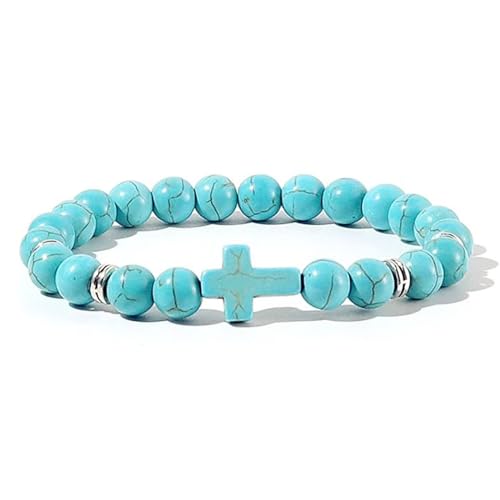 Lava Volcanic Stone Beaded Turquoise Cross Stretch Bracelet 8MM Natural Stone Healing Cross Religious Christian Prayer Elastic Bracelets for Women Men Good Luck Protection Amulet Jewelry Gifts