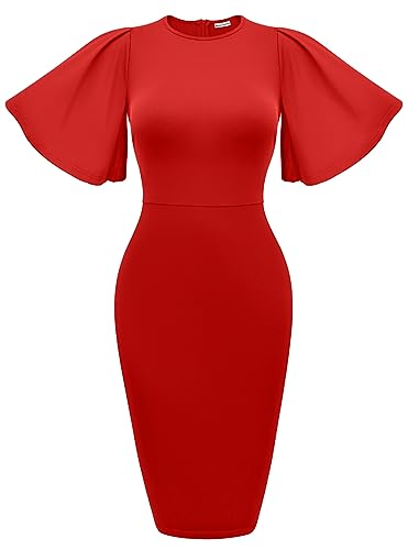 Image of Memoriesea Women's Basic Bodycon Ruffle Flared Short Sleeve Pencil Midi Dress