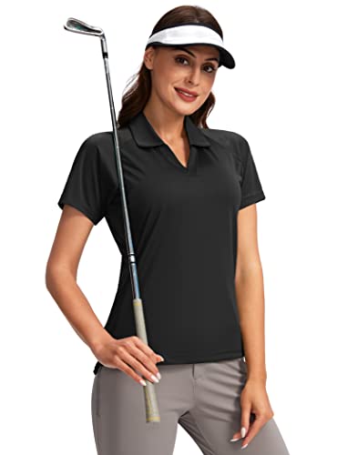 Obla Women's Golf Shirt Quick Dry V-Neck Short Sleeve Tennis Tops Upf50+ Collared Golf Polo Shirts For Women (Black_M) #TOP1