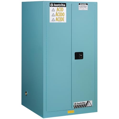 Image of Justrite Acid Corrosive Storage Cabinet - 60 Gallon 2 Door Self Close Chemical Storage Cabinet with Removable Polyethelene Trays - 34 inch x 65 inch x 34 inch - Made in The USA - Light Blue - 896022
