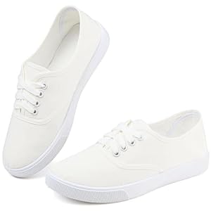 Womens White Canvas Sneakers Lightweight Lace Up Fashion Comfortable Canvas Shoes Low Top Slip On Casual Tennis Walking Shoes Women Footwear