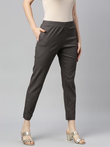 Image of MINELLI Women Solid Cigar Pants, Cotton Lycra Slub Fabric, Elasticated Waistband, Pull On Style, Regular Fit Bottom Wear for Western and Ethnic Wear