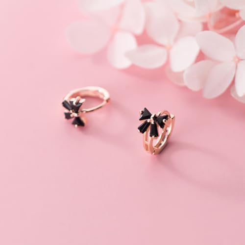 Image of Reffeer Solid 925 Sterling Silver Bow Hoop Earrings Huggie for Women Teen Girls Black CZ Bowknot Hoop Earrings Ribbon Cartilage Huggie