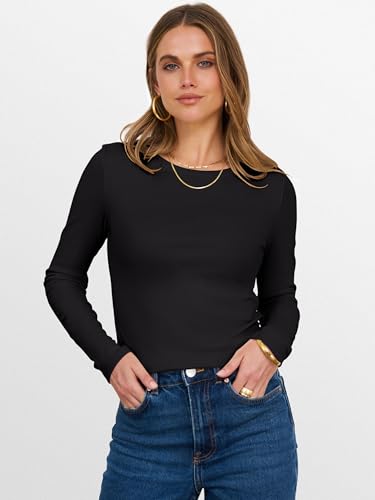 ANRABESS Womens Long Sleeve Thermal Shirts Slim Fit Basic Tee Tops Warm Fleece Undershirts 2025 Fall Winter Layer Outfits Black Small