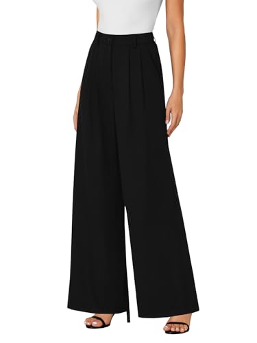 LYANER Women's High Waist Casual Wide Leg Long Palazzo Pants Button Down Loose Business Work Office Trousers with Pockets Black Medium3