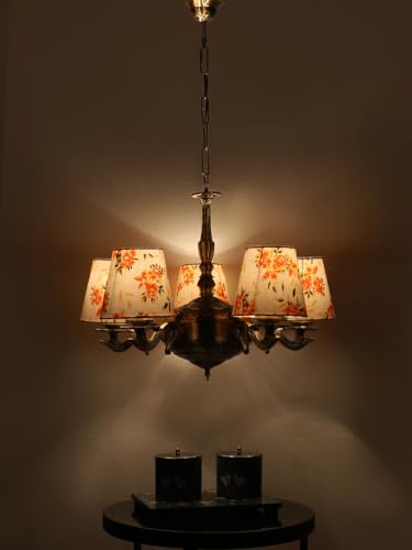 Image of Devansh 05 Lights Printed conical Cotton Shade with Antique Golden Chandelier -A