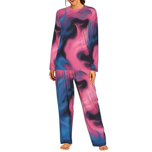 Pyjama assorti femme bleu rose imprimé feu manches longues nuit