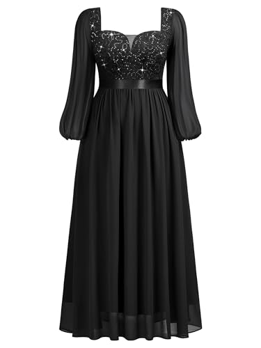 Image of MISSMAY Women's Plus Size Sequin Lace Square V Neck Sheer Long Sleeves Formal Evening Chiffon Long Dress