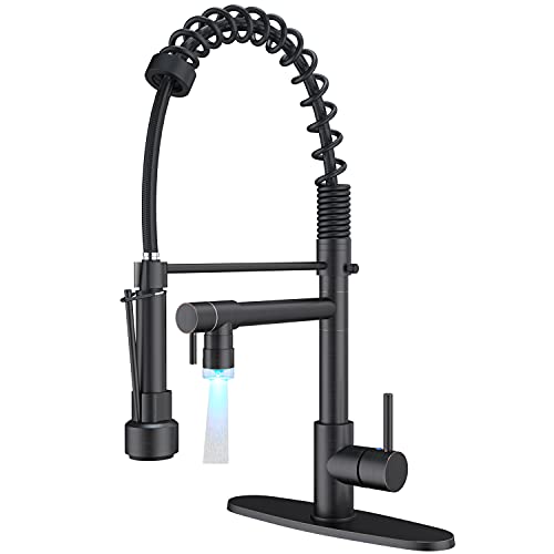 NeierThodore Pulverizador de grifo de cocina comercial con LED de un solo mango con resorte de resorte de cocina con rociador de bloqueo, grifos de cocina de bronce aceitado de arco alto