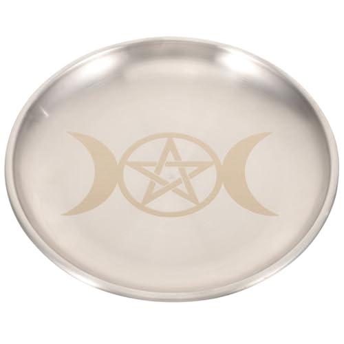 TEHAUX Altar Candle Tray - Pentagram Moon Pattern - Silver White Iron - 5.46