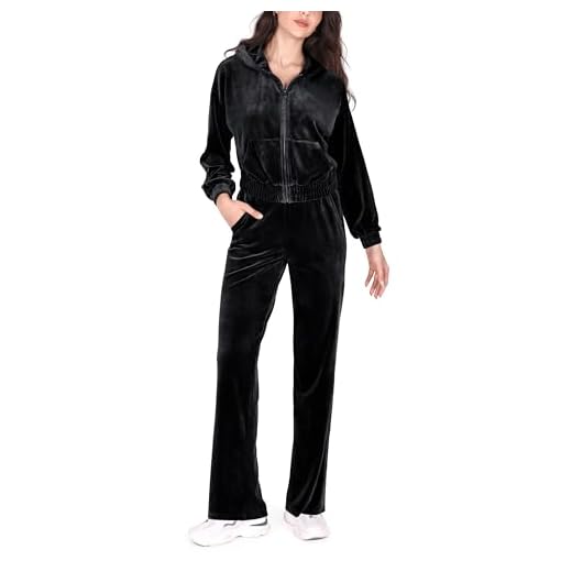 ODODOS Women's Velour Tracksuit 2 Piece Outfits Long Sleeve Cropped Zip Hooded Sweatshirt & Track Pants Set, Black, Medium