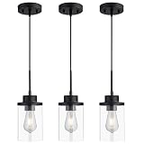 DALIVOL Modern Black Farmhouse Clear Glass Cylinder Pendant Light Fixture, Single Hanging Pendant Lighting for Kitchen Island, Dining Room, Bedroom & Hallway(3 Packs)