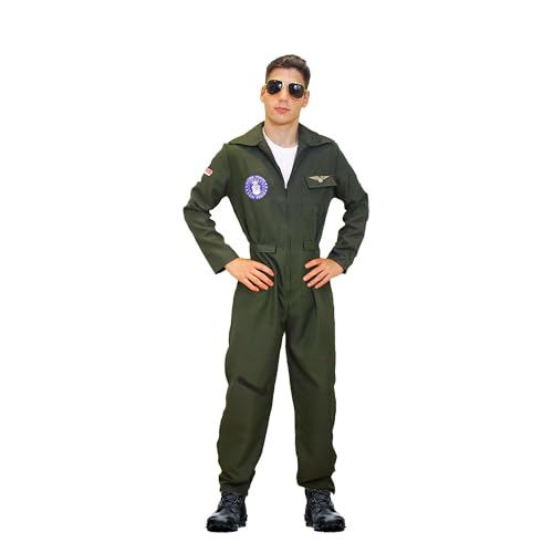 SoWest Mens Flight Suit Costume 80s Navy Pilot Jumpsuit with Badge Detail | Military Fighter Pilot Fancy Dress Outfit for Adults Halloween & Cosplay Party - XL