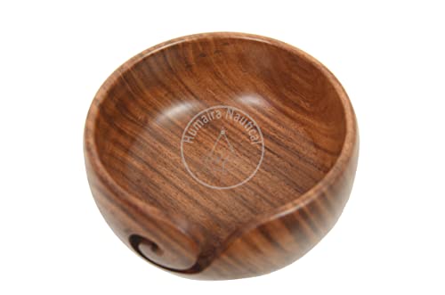 Image of Humaira Nautical Wood Yarn Bowl with Lid, Crochet & Knitting Yarn Holder, 6x3in, Brown Mango Wood