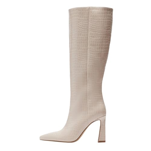 Women's Pointed Toe Knee High Boots, Crocodile Pattern High Heel Boots, Elegant Party Dress Boots