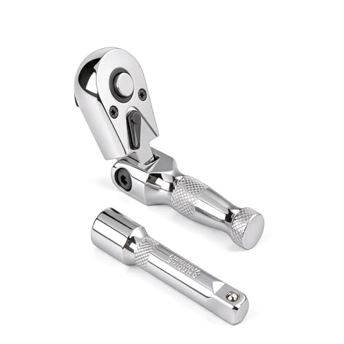 WRANIX Stubby Flex Head 3/8 Drive Ratchet Wrench 90T Mini Ratchet Quick-Release Reversible with Cr-Mo Head and 3 Extension Bar for Tight Spaces