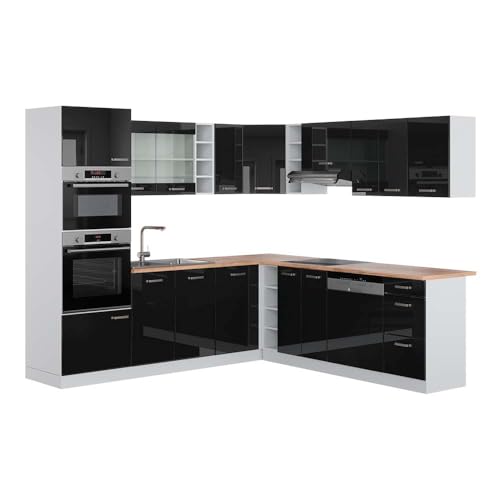 Vicco Eckküche R-Line, Schwarz Hochglanz, 247 x 60 cm, AP Eiche, für Flexible Anordnung und modulare Erweiterung